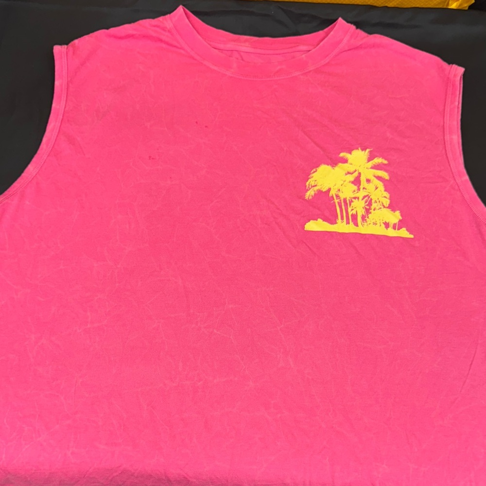 Original Use Pink Sleeveless Top with Yellow Palm Tree Design for Men size XXL